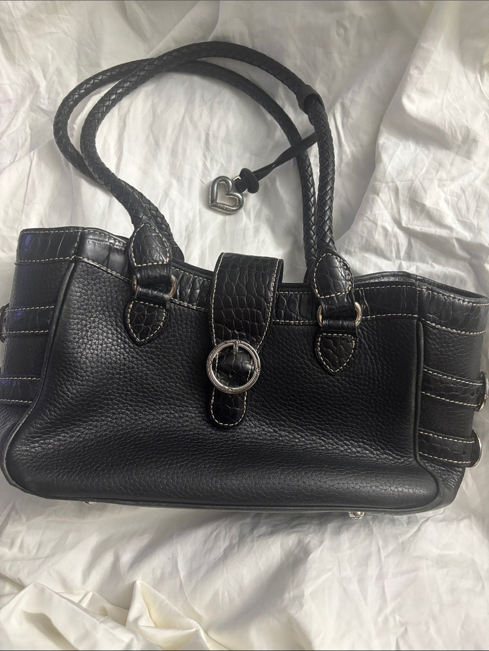 Brighton Black Leather Shoulder Bag with Heart Charm